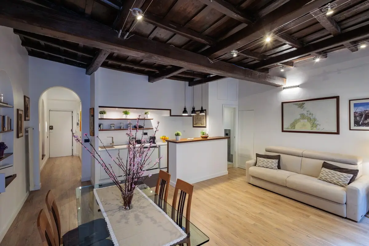 The kitchen counter, open to the living room.