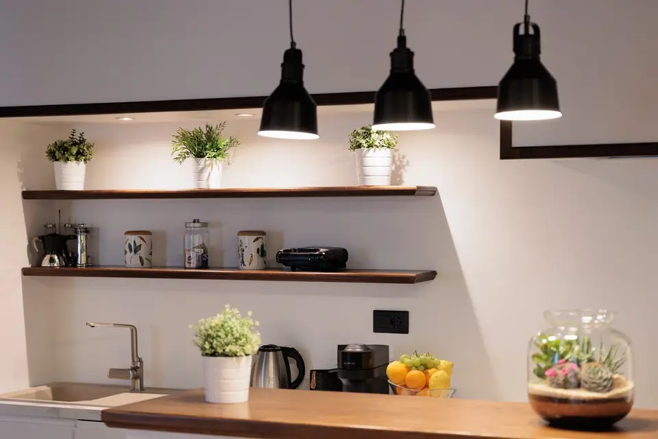 The shelves above the kitchen worktop, with the coffee machine.