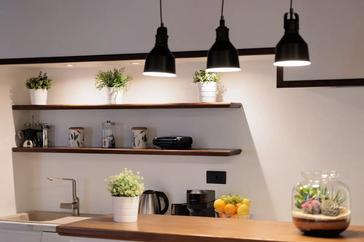The shelves above the kitchen worktop, with the coffee machine.